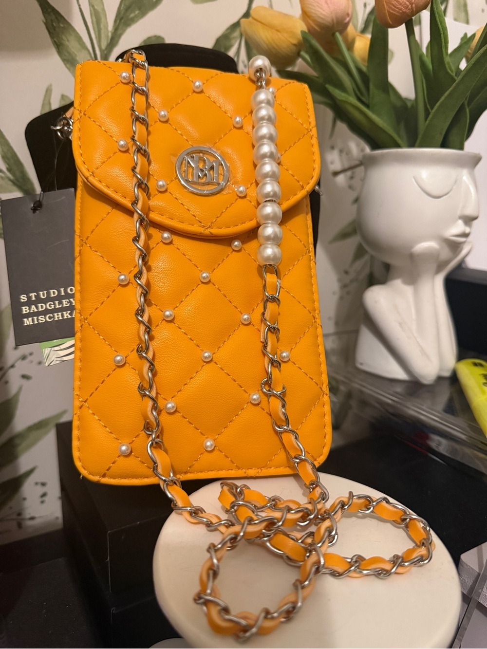 Badgley Mischka Quilted Pearl-Accent Crossbody - yellow ph bag